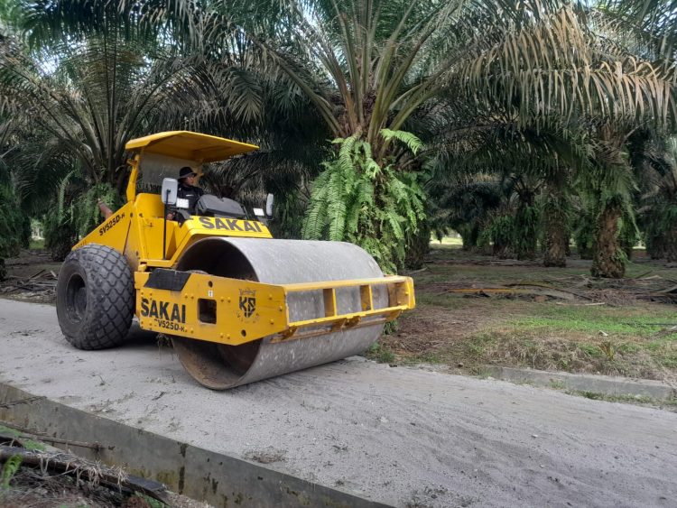 Sebuah alat berat tandem roller sedang memadatkan material perbaikan jalan Dusun 1 . Selasa(28l10)
