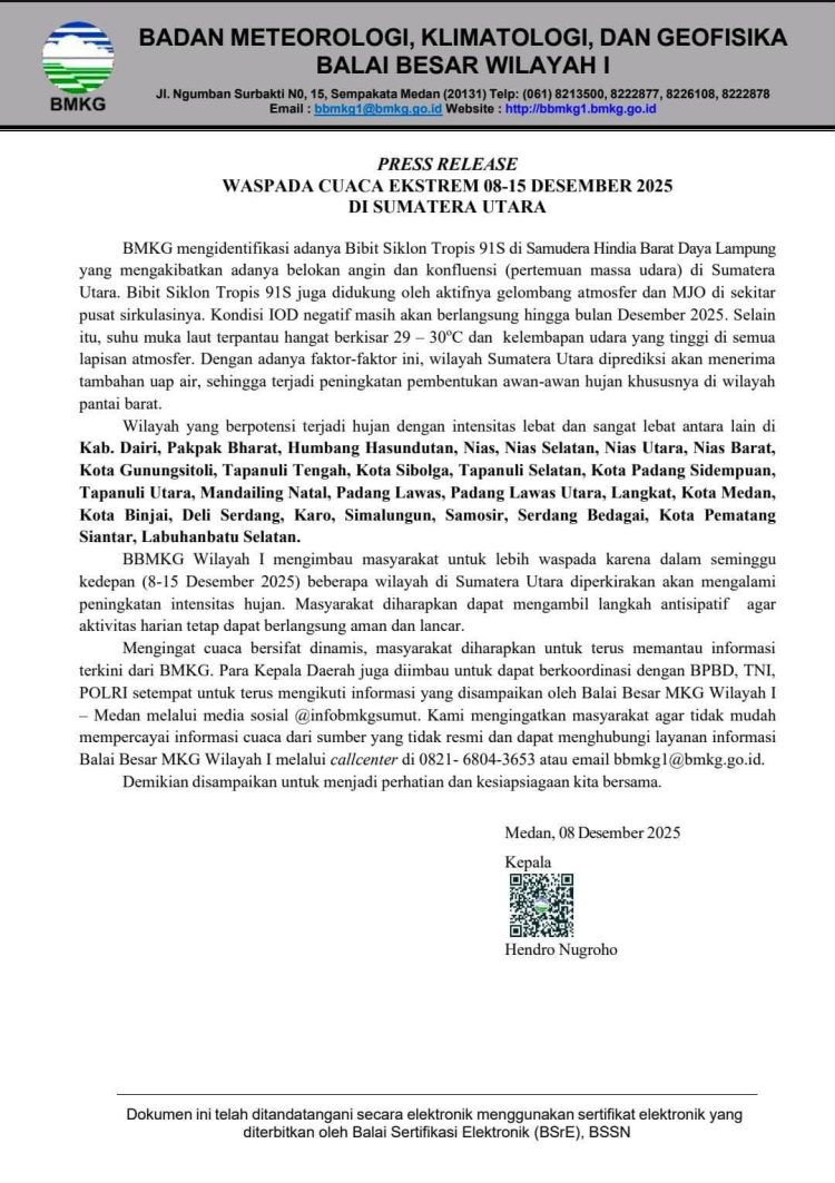 Waspada! BMKG Prediksi Cuaca Ekstrem dan Hujan Lebat Landa Sumatera Utara hingga 15 Desember, Termasuk di Medan, Pematangsiantar dan Simalungun
