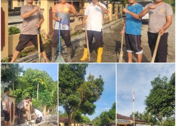 Sambut Hari Bhayangkara, Polsek Silou Kahean Gelar Gotong Royong Bersihkan Lingkungan Mako